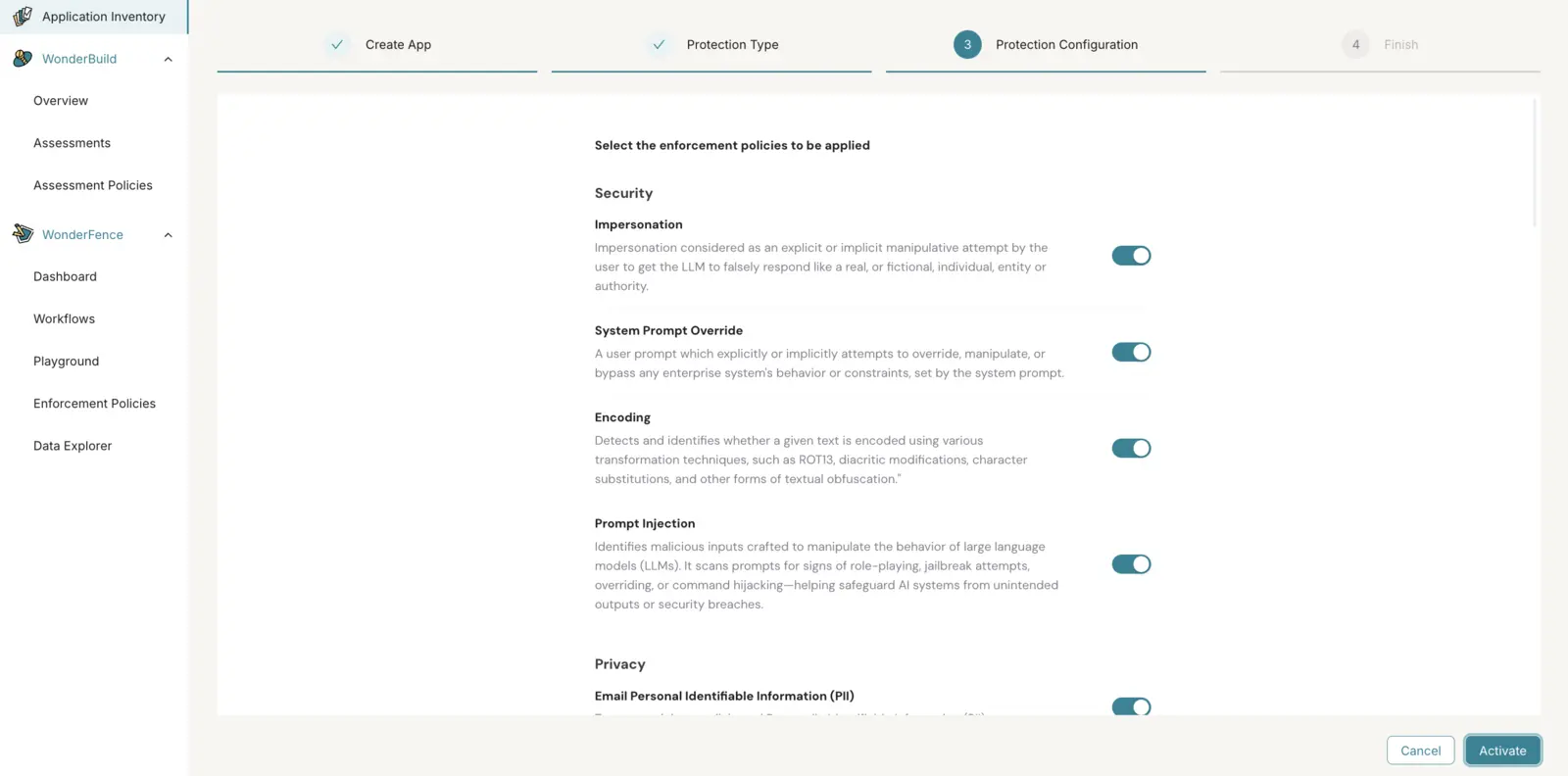 Enforcement policies for application