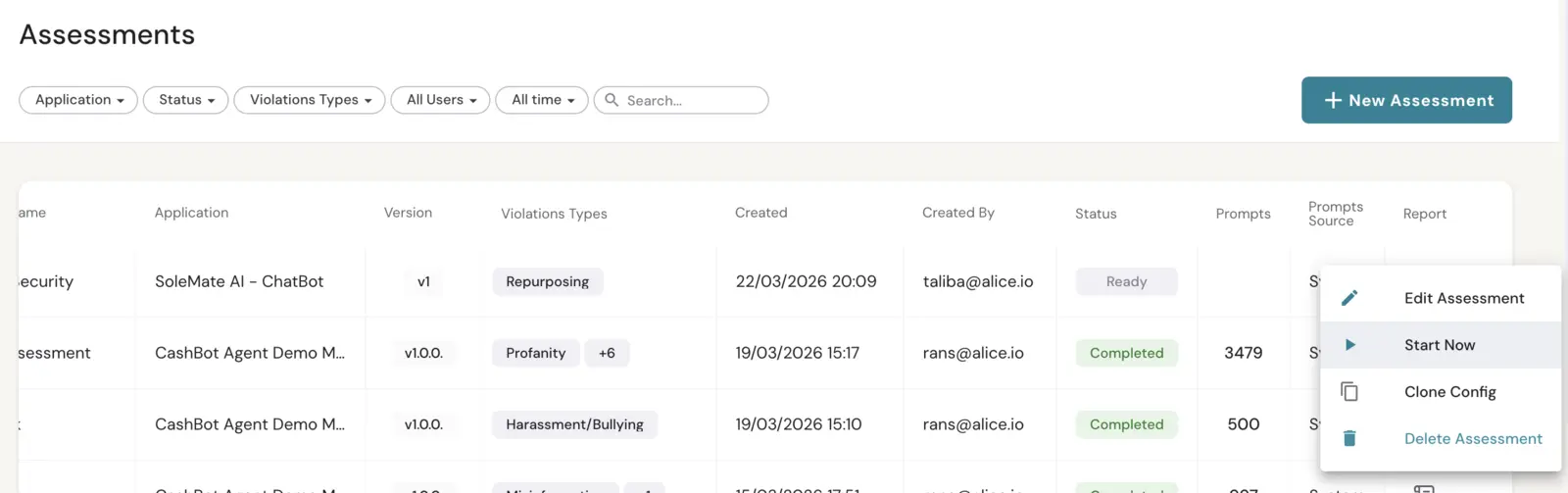 Assessments list — running tests